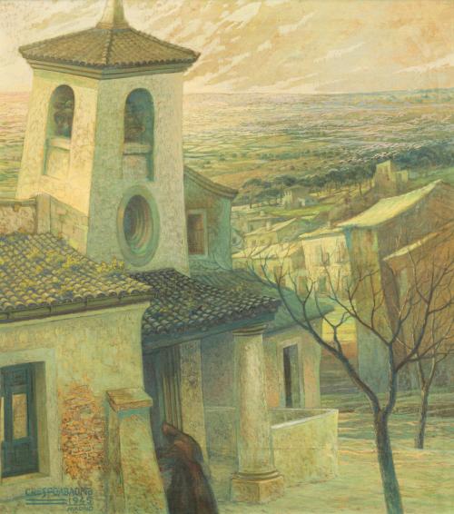 ESCUELA ESPAÑOLA. Siglo XX, Paisaje de pueblo, Óleo sobre l