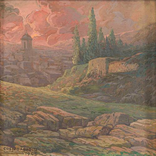 ESCUELA ESPAÑOLA. 1945, Paisaje de pueblo, Óleo sobre cartón