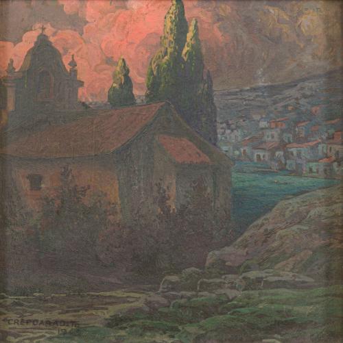 ESCUELA ESPAÑOLA, 1945, Paisaje de pueblo, Óleo sobre cartón