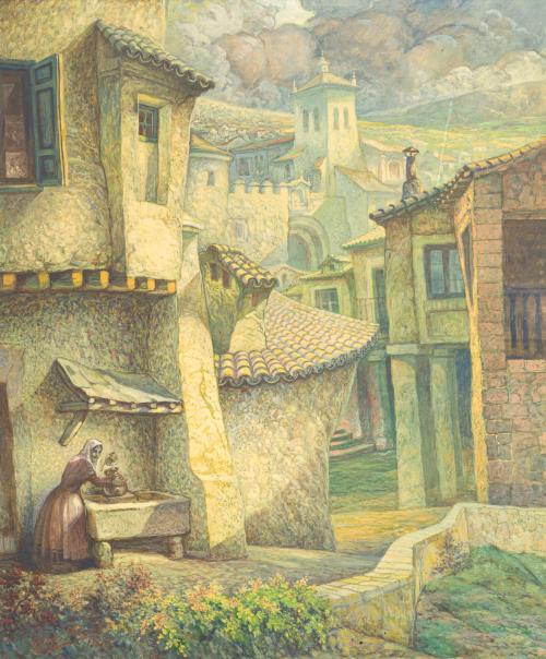 ESCUELA ESPAÑOLA. Siglo XX, Paisaje de pueblo” Firmado y 