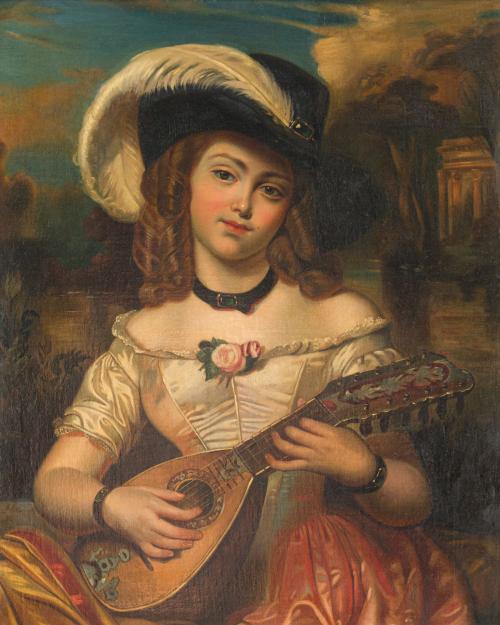 ESCUELA INGLESA. Siglo XIX, Dama tocando el laud, Óleo sobr