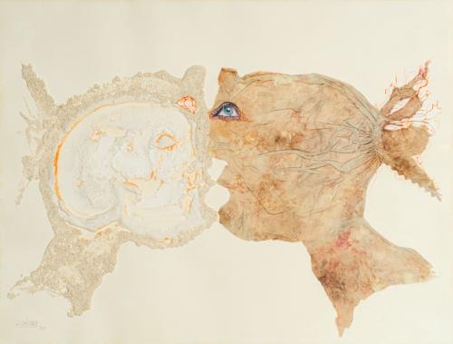 JOSÉ DÁMASO (Agaete, 1933), Beso, Técnica mixta y collage s