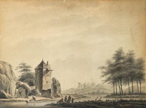 ESCUELA FRANCESA. Siglo XIX, Paisaje con ruinas y un río, A