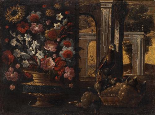 340 - <p><span class="object_author">ESCUELA MALLORQUINA S. XVIII - Bodegones con flores, frutas, aves y arquitecturas</span></p>