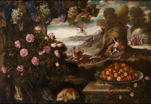 TOMÁS YEPES (Valencia, 1595 - 1674), Paisaje con bodegón de