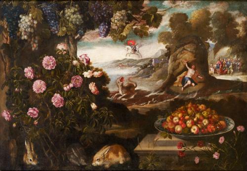 TOMÁS YEPES (Valencia, 1595 - 1674), Paisaje con bodegón de