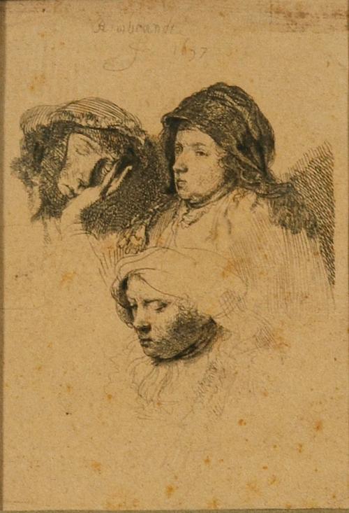 454   -  <p><span class="object_author">REMBRANDT VAN RIJN (1606 - 1669), pinxit - Tres cabezas de mujeres, una durmiendo </span></p>