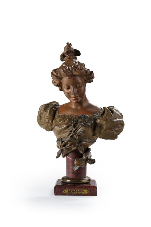 83   -  <p><span class="object_title">SIGUIENDO MODELOS DE HANS STOLTENBERG LERCHE (1867-1920)<br/>"Églantine"<br/>Busto en calamina con pie en mármol rojo veteado. </span><br></p>