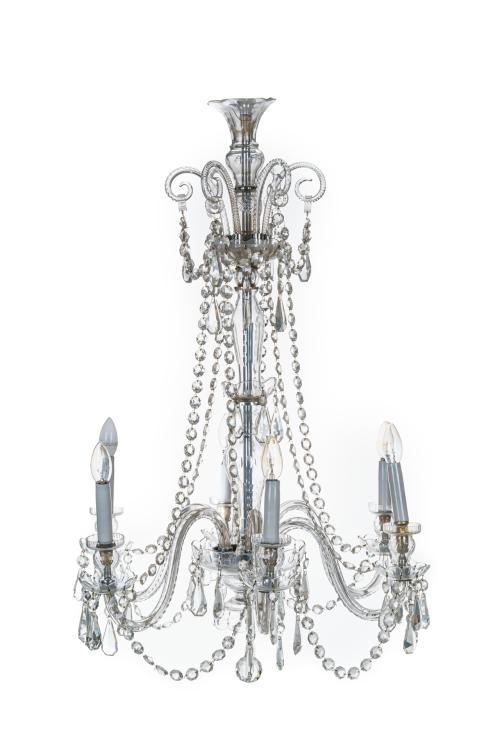 238   -  <p><span class="object_title">Lámpara de techo de seis luces tipo La Granja en cristal moldeado y tallado con decoración de cuentas y pandelocas. Remate de esfera.</span><br></p>