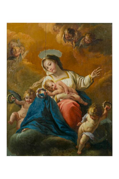 352   -  <p><span class="object_author">ESCUELA MADRILEÑA FNS. S. XVIII. ATRIBUIDO A MARIANO SALVADOR MAELLA (Madrid, 1739 - 1819) - La Virgen con el Niño en un rompimiento de Gloria </span></p>