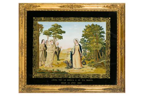 213   -  <p><span class="object_title">Labor de bordado en seda con realce sobre goauche representando a Santa Marta, con orla dorada y marco de época. Dedicado en 1849.<br/></span><br></p>