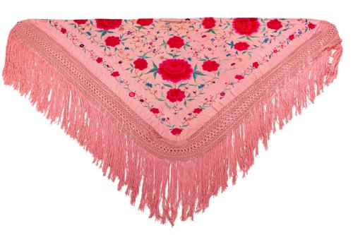 39   -  <p><span class="object_title">Espectacular mantón de Manila, s. XIX. <br/>En seda bordada con decoración de peonías y flores de vivos colores sobre fondo en tono salmón. Varios registros de marcramé y gran fecadura. </span><br></p>