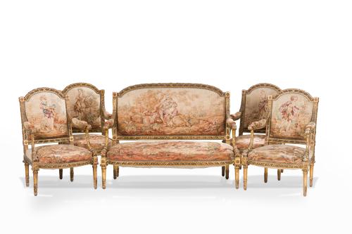 161 - <p><span class="object_title">Importante silleria Luis XVI con tapiceria "Aubusson". Francia, S. XVIII.<br/>Formado por canapé y 4 sillones.<br/></span><br></p>