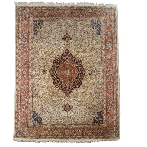 Gran alfombra persa Kerman en lana y seda. 