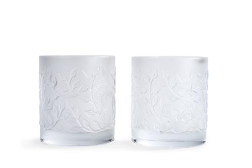 Pareja de portavelas en vidrio esmerilado y grabado con dec