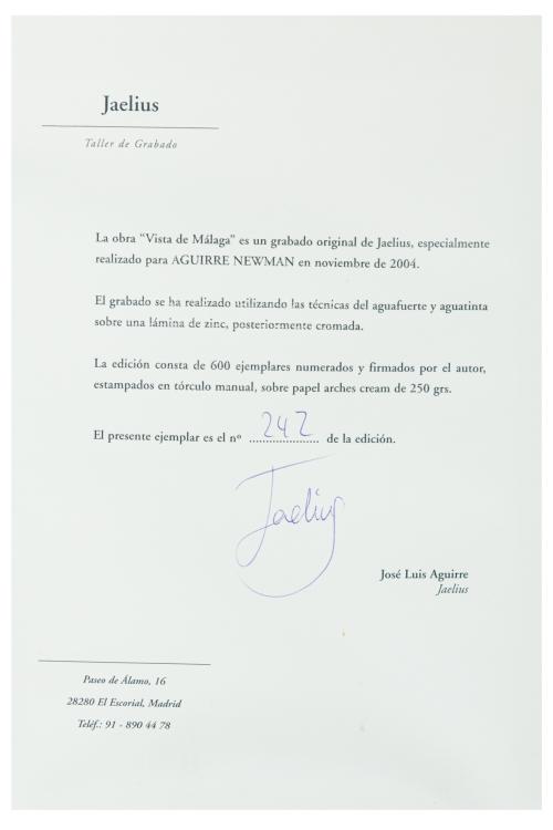 JAELIUS (Madrid, 1956), Vista de Málaga , Grabado