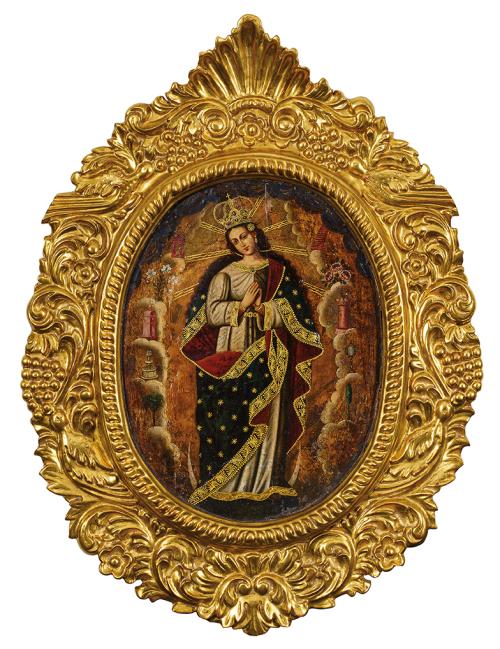 241   -  <p><span class="object_author">ESCUELA PERUANA DEL SIGLO XVIII - Inmaculada rodeada de las letanías </span></p>