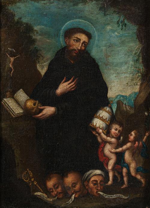 259   -  <p><span class="object_author">ESCUELA COLONIAL S. XVIII - Santo con las tres religiones a los piés </span></p>
