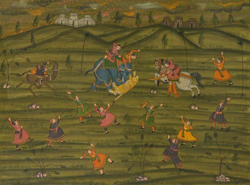 315   -  <p><span class="object_title">Seda hindú pintada. S. XX. Enmarcada.<br/>"Cacería de tigres"</span><br></p>