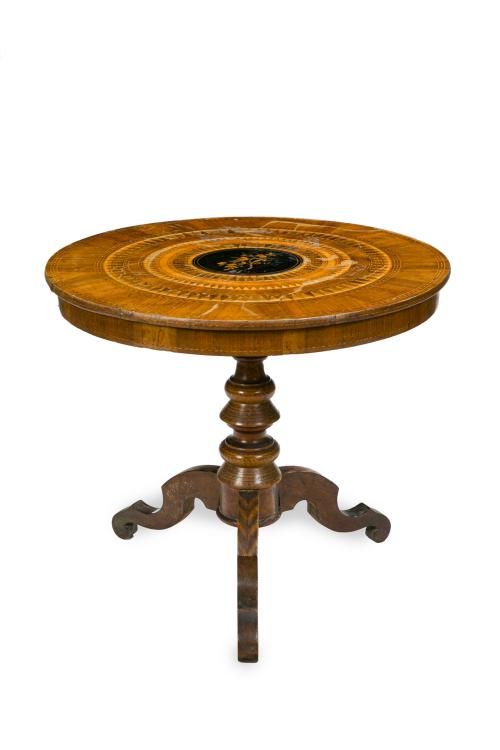 142   -  <p><span class="object_title">Velador catalán, S. XIX. En madera tallada con tapa en marquetería de maderas finas y teñidas con representación de pájaro en rama central y decoración geométrica dispuesta en círculos concéntricos. S. XIX. </span><br></p>