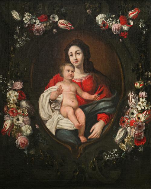 324   -  <p><span class="object_author">ESCUELA ESPAÑOLA FNS. S. XVII - Virgen con niño rodeado de una orla de flores </span></p>