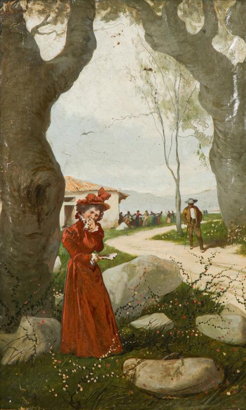 422   -  <p><span class="object_author">ESCUELA ESPAÑOLA S. XIX - Dama de rojo en un paisaje </span></p>