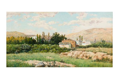 429   -  <p><span class="object_author">FRANCISCO FRANCO CORDERO (Cádiz, 1851 - Madrid, 1892) - Paisaje con caserío </span></p>