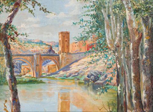 487   -  <p><span class="object_author">CÍRCULO DE AURELIANO DE BERUETE (Madrid, 1845 - 1912) - Vista del puente de Alcántara, Toledo </span></p>