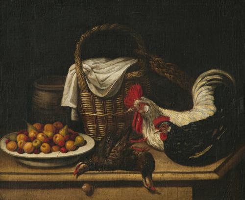 385   -  <p><span class="object_author">ESCUELA ESPAÑOLA S. XVIII - Bodegón con gallo, gallina, perdices y un plato de peras. </span></p>