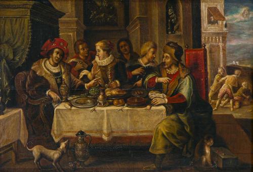 347   -  <p><span class="object_author">TALLER DE FRANS FRANCKEN EL JOVEN (Amberes, 1581 - 1642) - Lázaro y la cena del rico Epulón </span></p>