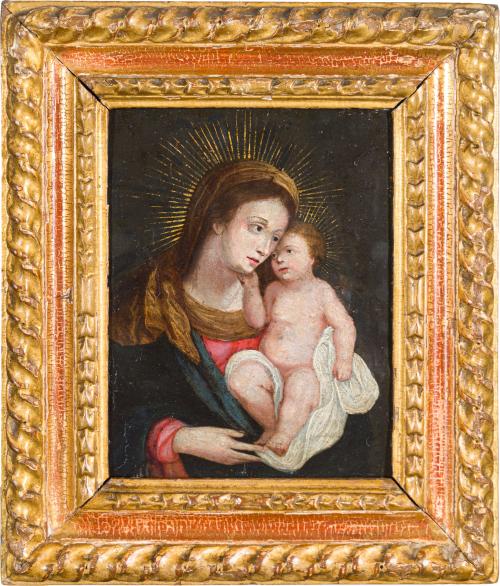 ESCUELA VIRREINAL. Siglo XVII, Virgen con Niño, Óleo sobre 