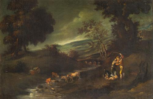 ESCUELA ITALIANA. Siglo XVII, Paisaje con vacas, ovejas y f