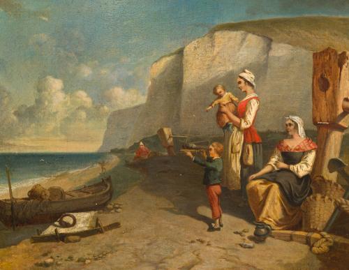 ESCUELA FRANCESA. Siglo XIX, Vista familiar en la playa, Ól