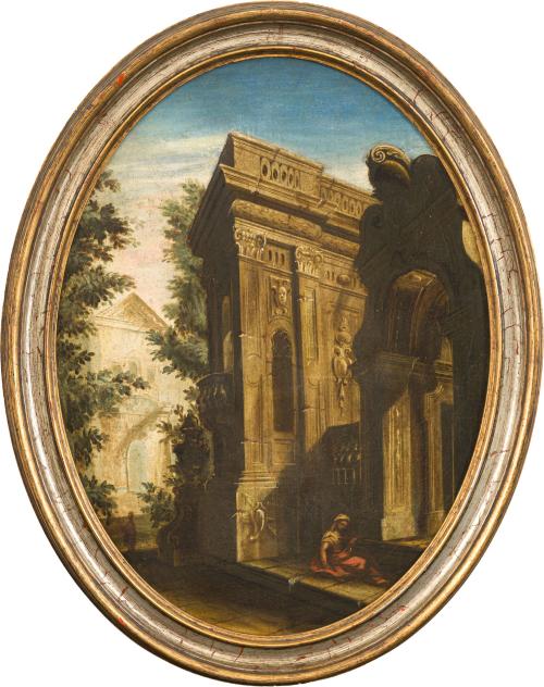 ESCUELA ITALIANA. Siglo XVIII, Pareja ovalada con escenas d