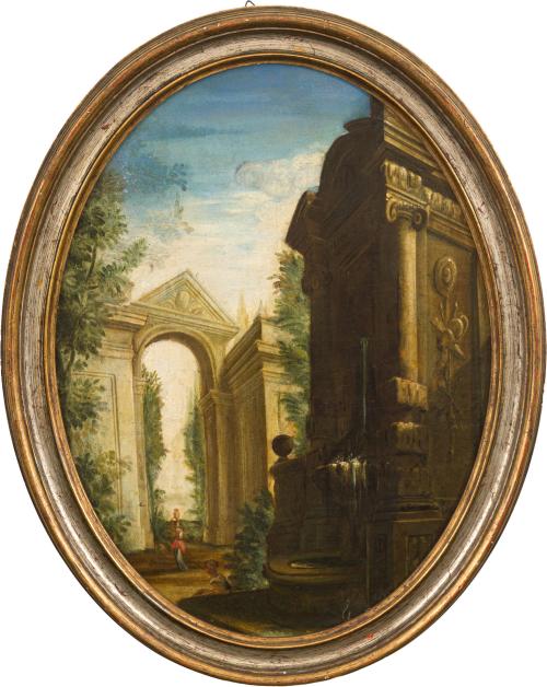 ESCUELA ITALIANA. Siglo XVIII, Pareja ovalada con escenas d