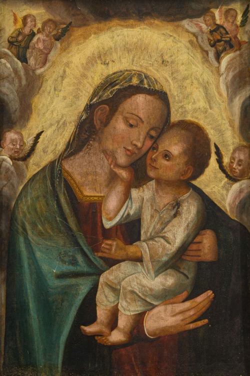 ESCUELA ITALIANA. Siglo XIX, Virgen con Niño, Óleo sobre ta