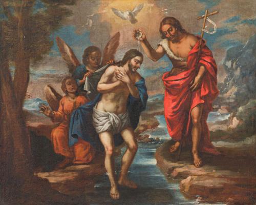 ESCUELA NOVOHISPANA. Siglo XX, Bautismo de Cristo, Óleo sob