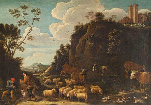 ESCUELA EUROPEA. Fin siglo XVII, Paisaje pastoril, Óleo sob