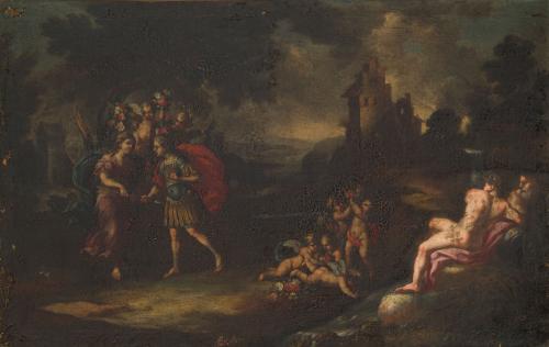 ESCUELA ITALIANA. Siglo XVII, Baco y Ariadna, Óleo sobre li