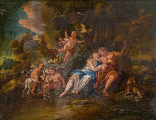 ESCUELA FRANCESA. Siglo XVIII, Venus y Adonis, Óleo sobre l