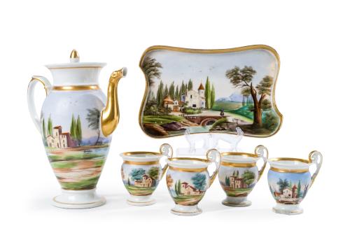 296 - <p><span class="object_title">Juego de café en porcelana Viejo París con decoración de paisajes y filos dorados. S. XIX.</span><br></p>