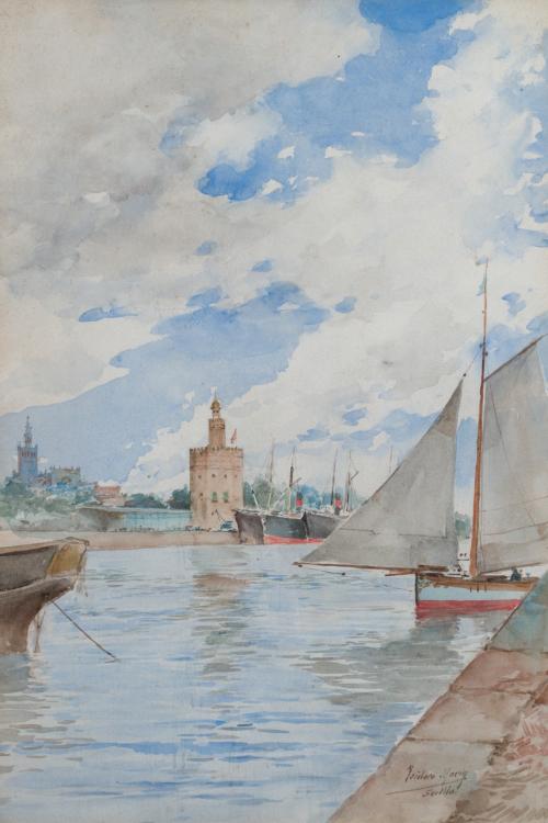 675   -  <p><span class="object_author">ISIDORO MARÍN (Granada, 1863-1926) - Vistas de la torre del Oro desde el Guadalquivir </span></p>