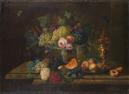 625   -  <p><span class="object_author">EDUARD WUGER (Austria, 1830 - 1880) - Bodegón con flores y frutas de verano. </span></p>