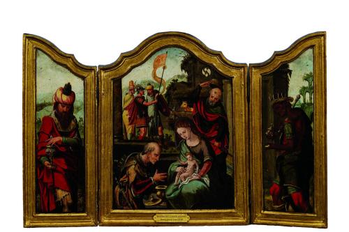 280   -  <p><span class="object_author">MAESTRO DE LA MUJER ADÚLTERA (Amberes, primera mitad del S. XVI) - Tríptico de la Adoración de los Reyes </span></p>