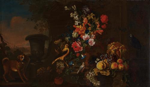 299   -  <p><span class="object_author">MAXIMILIAM PFEILER (Praga, 1656 - 1746) - Bodegón con un vaso de flores, melocotones, uvas y melones sobre una mesa con fondo de paisaje y arquitecturas. </span></p>