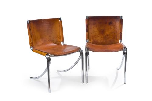 454   -  <p><span class="object_title">Pareja de sillas italianas vintage en piel marrón y aluminio.</span><br></p>