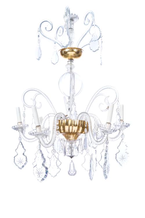 82 - <p><span class="object_title">Lámpara de techo de cristal en su color y dorado, La Granja S. XIX. <br/></span><br></p>