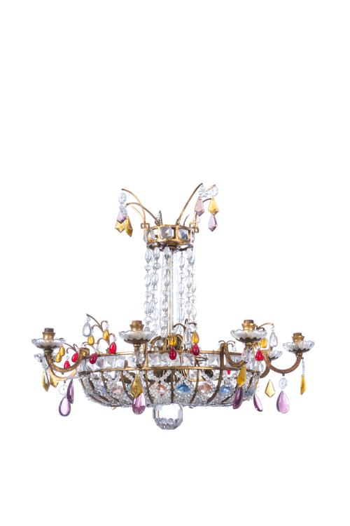 62 - <p><span class="object_title">Lámpara de techo tipo plafón en bronce dorado y cuentas en cristal en cristal incoloro. </span><br></p>