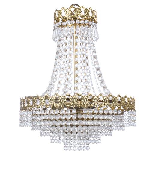 216   -  <p><span class="object_title">Lámpara de techo estilo Imperio en bronce dorado y cuentas de cristal tallado. Palmetas perimetrales y prismas facetados colgantes. </span><br></p>