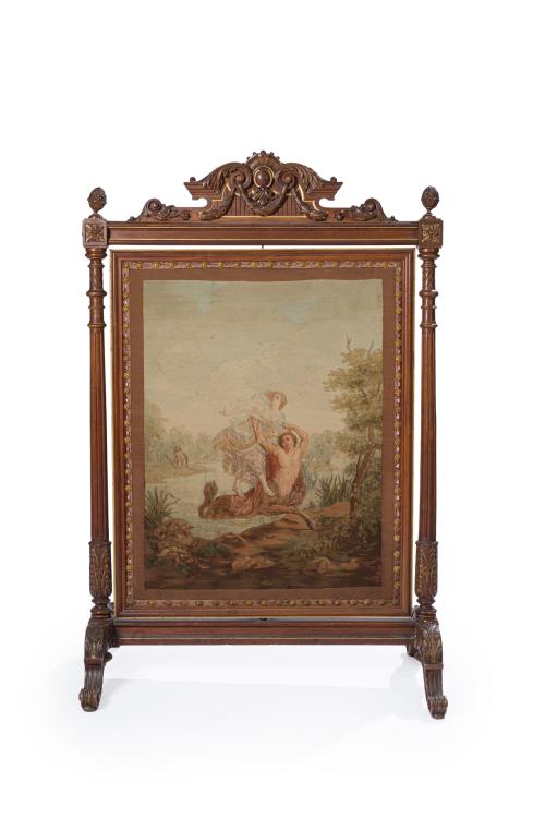 Paravant en madera tallada con bordado de escena de "El rap